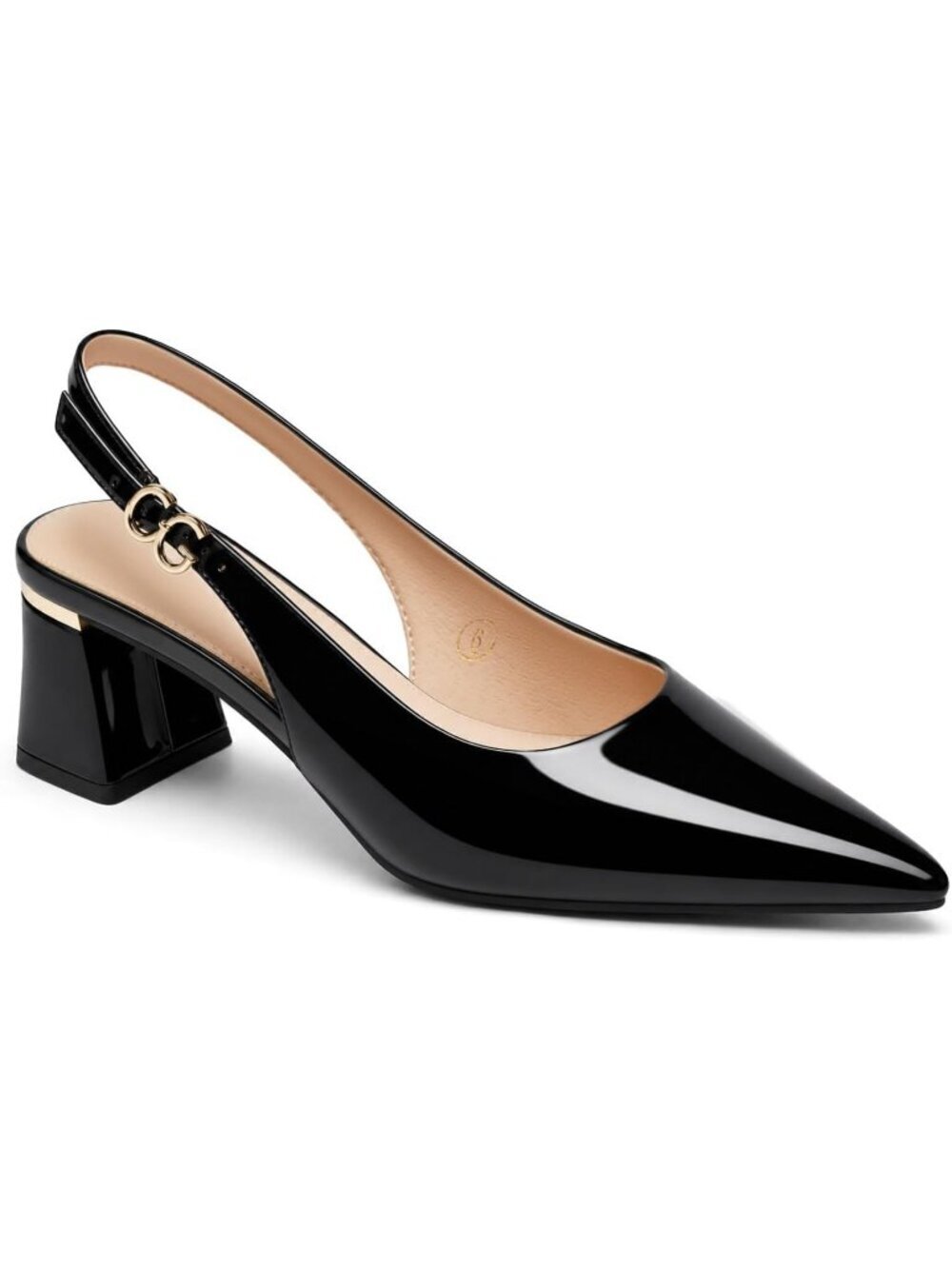 Women's Black Patent Leather Slingback Chunky Heels Pointed Closed Toe Pumps